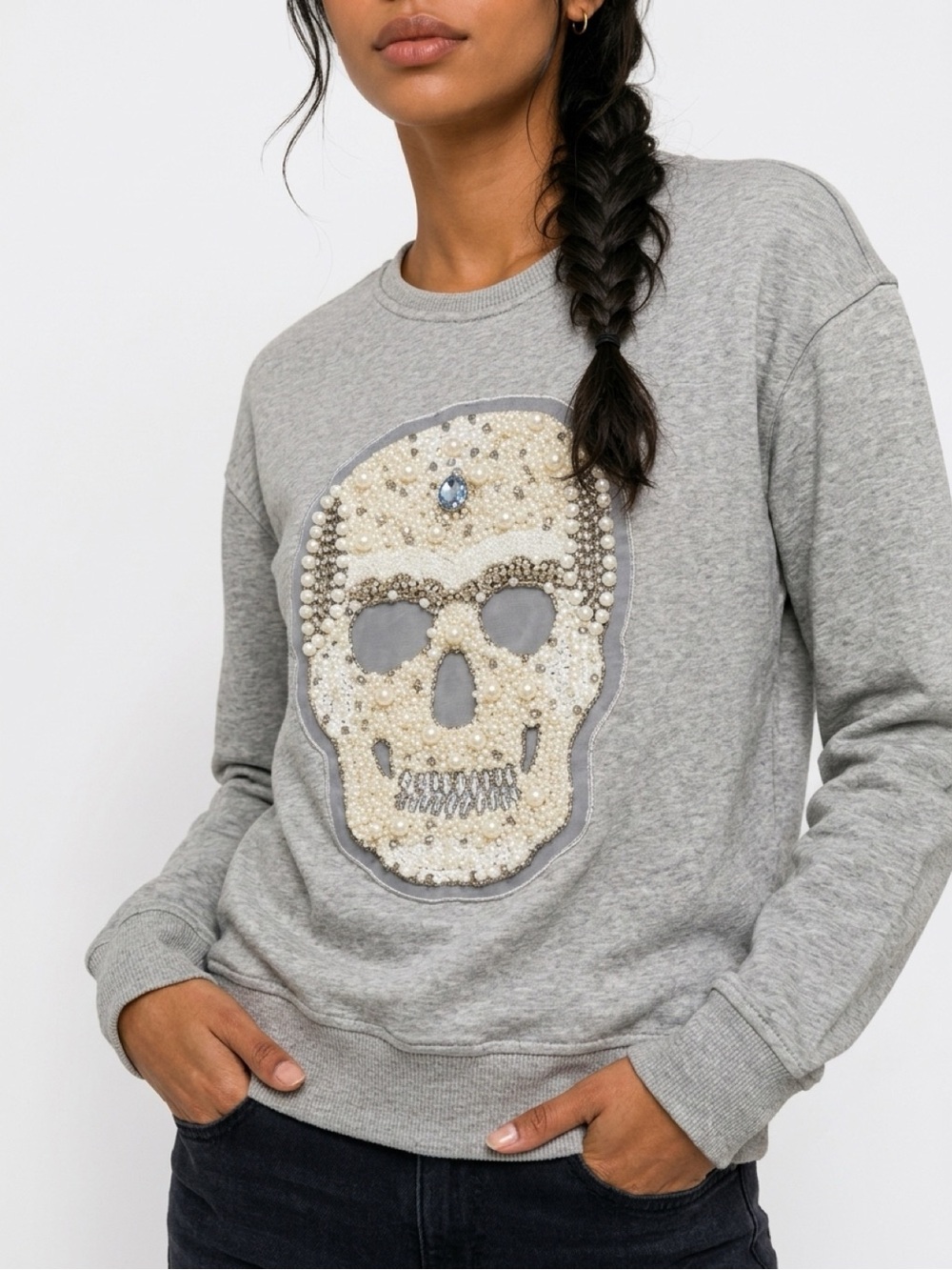 Beaded Skull Appliqué Sweatshirt - Gray